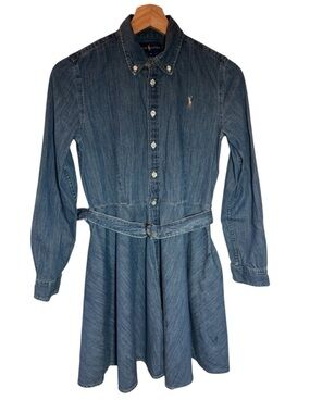 Ralph Lauren Girls Belted Cotton Denim Shirtdress Indigo Blue Preppy Sz 14